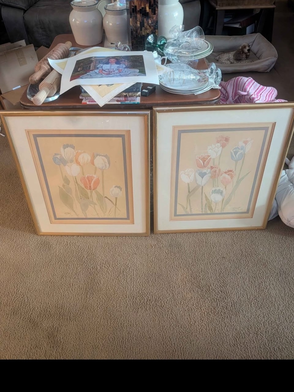 Gold Framed Floral Watercolor Prints - Soft Pastel Tulips (Pair) Large Frames